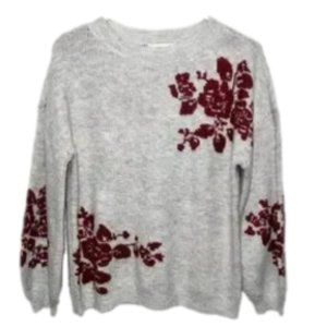 Knox Rose Heather Grey Balloon Sleeve Floral Knit Sweater